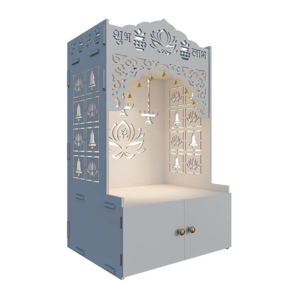 Lotus Tranquility White Finish Wooden Temple for Home with Inbuilt Focus Light