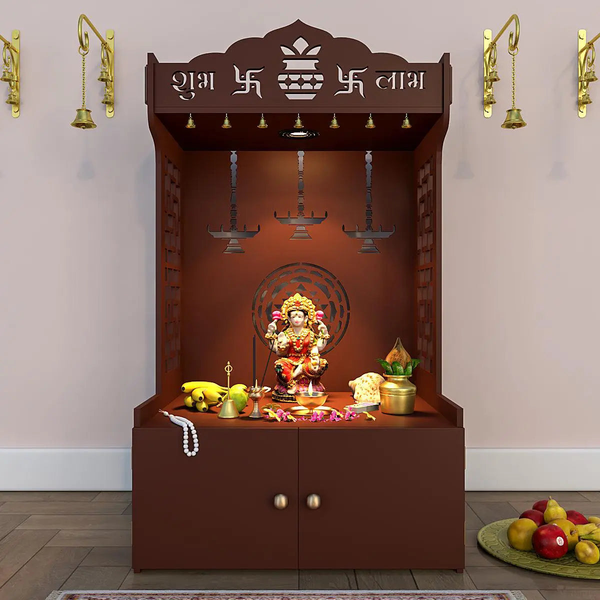 Divine Timeless Wooden Temple for Home with Inbuilt Focus Light & Spacious Shelf - Brown Finish