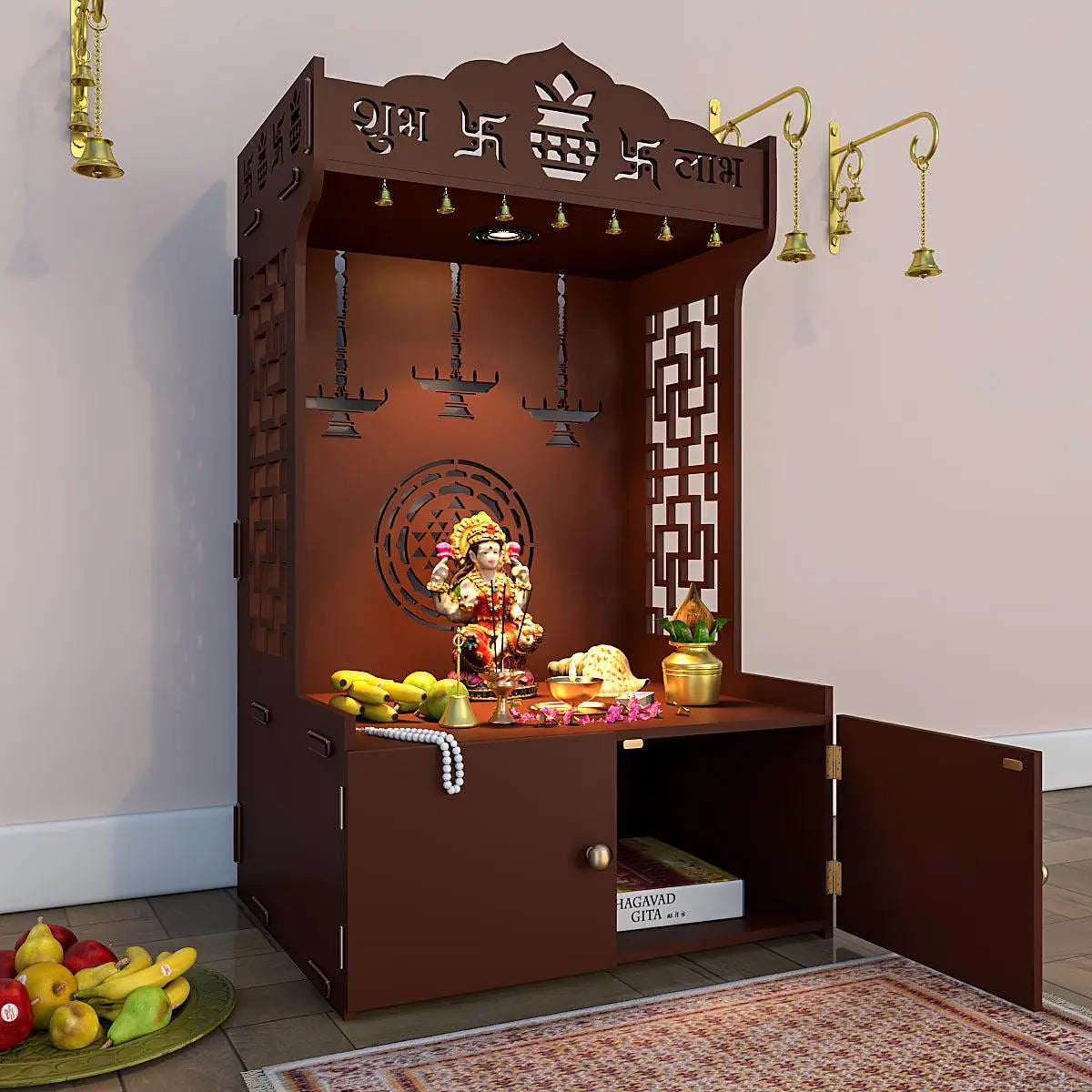 Divine Timeless Wooden Temple for Home with Inbuilt Focus Light & Spacious Shelf - Brown Finish