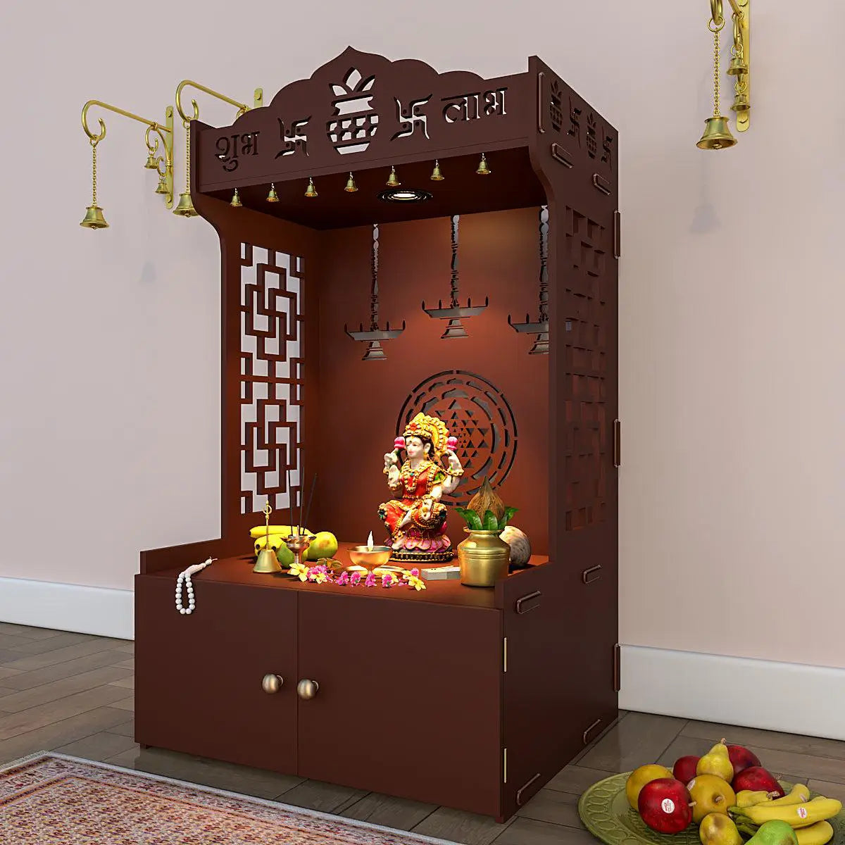 Divine Timeless Wooden Temple for Home with Inbuilt Focus Light & Spacious Shelf - Brown Finish
