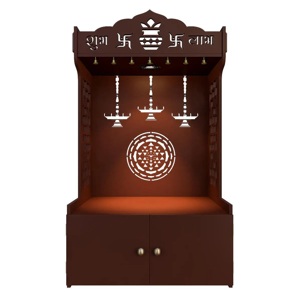Divine Timeless Wooden Temple for Home with Inbuilt Focus Light & Spacious Shelf - Brown Finish