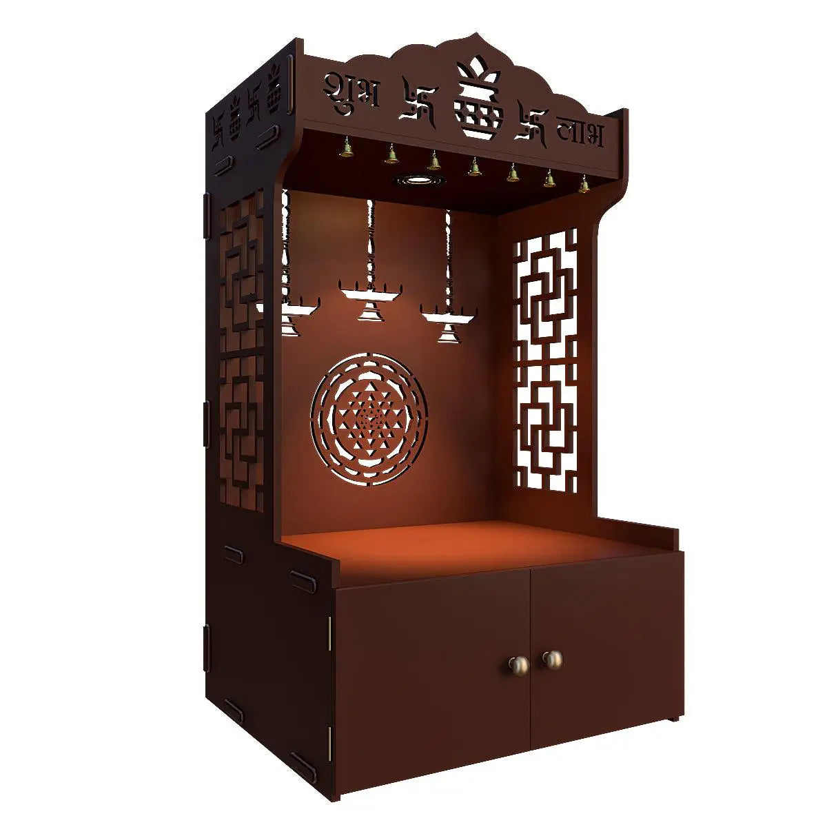 Divine Timeless Wooden Temple for Home with Inbuilt Focus Light & Spacious Shelf - Brown Finish