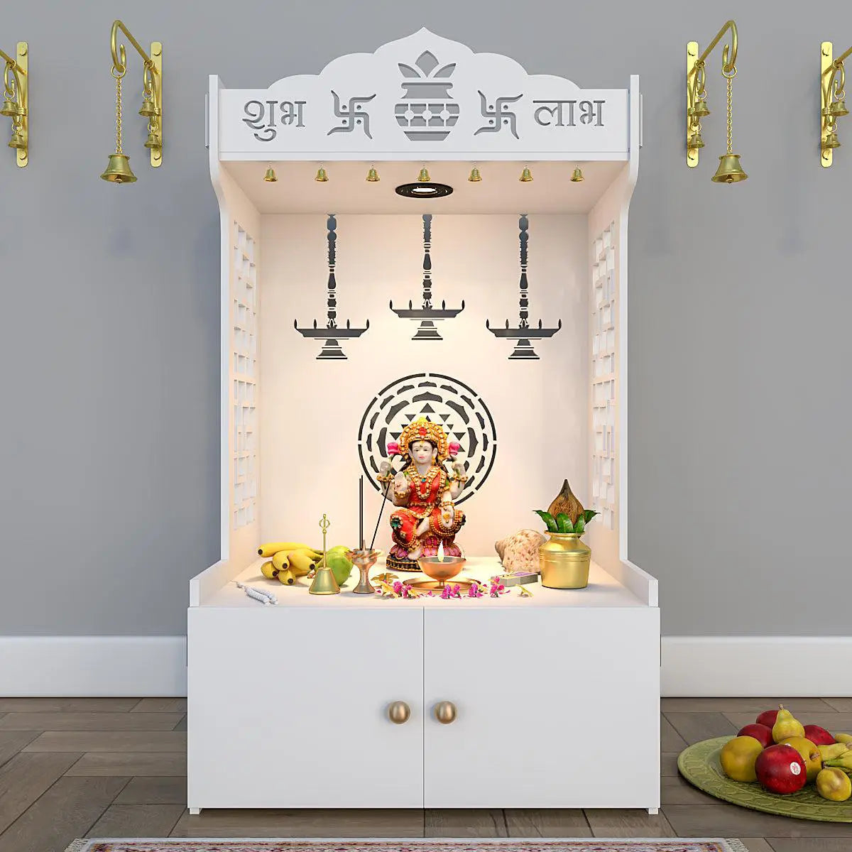 Divine Timeless Wooden Temple for Home with Inbuilt Focus Light - White Color