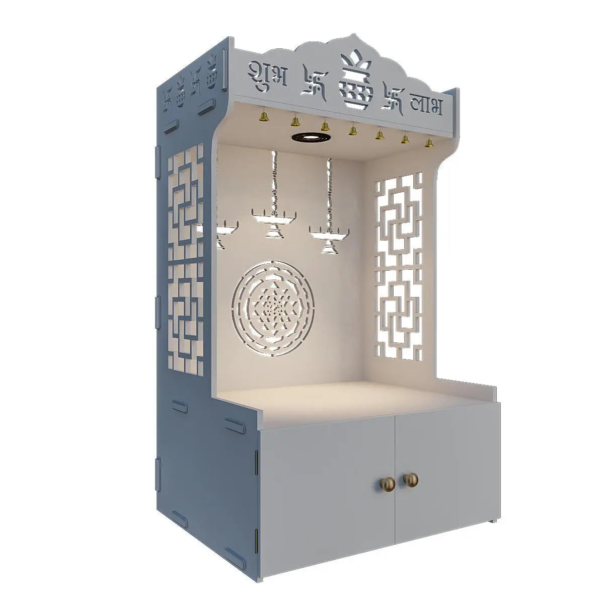 Divine Timeless Wooden Temple for Home with Inbuilt Focus Light - White Color