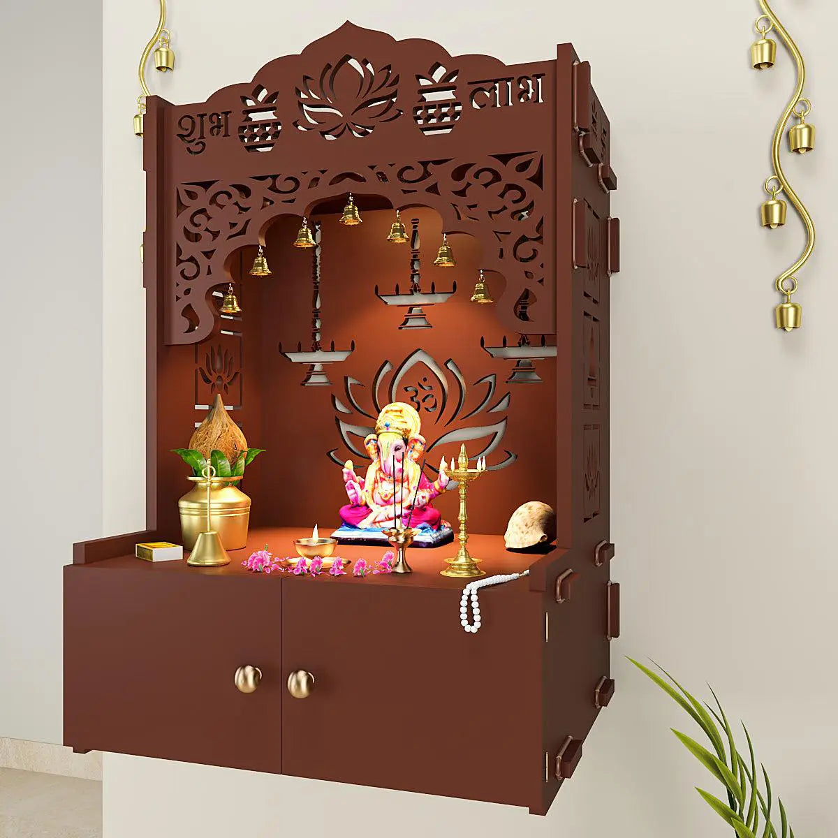 Lotus Tranquility Wooden Wall Mounted Temple for Home with Inbuilt Focus Lights & Spacious Shelf