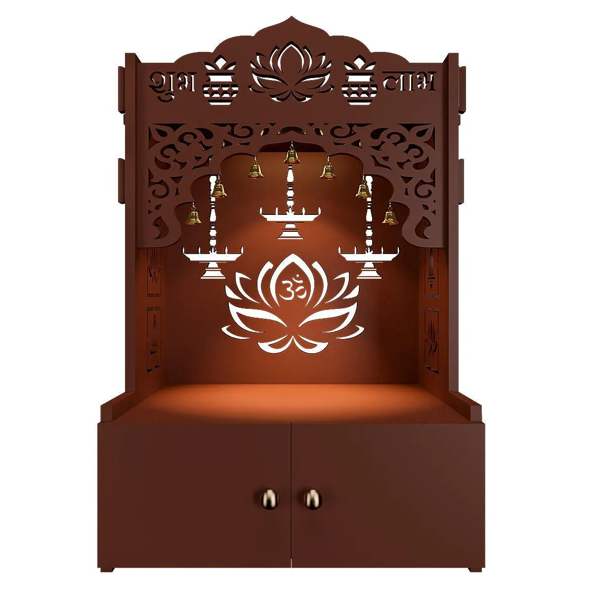 Lotus Tranquility Wooden Wall Mounted Temple for Home with Inbuilt Focus Lights & Spacious Shelf