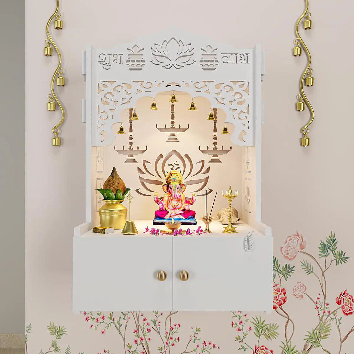 Lotus White Finish Wooden Wall Mounted Temple for Home with Inbuilt Focus Light & Spacious shelf