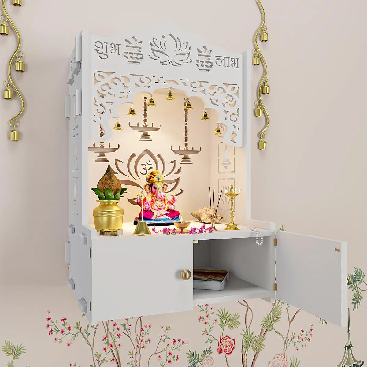 Lotus White Finish Wooden Wall Mounted Temple for Home with Inbuilt Focus Light & Spacious shelf