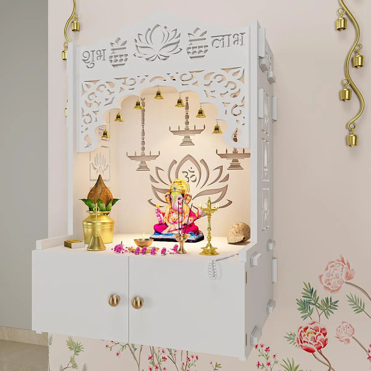 Lotus White Finish Wooden Wall Mounted Temple for Home with Inbuilt Focus Light & Spacious shelf