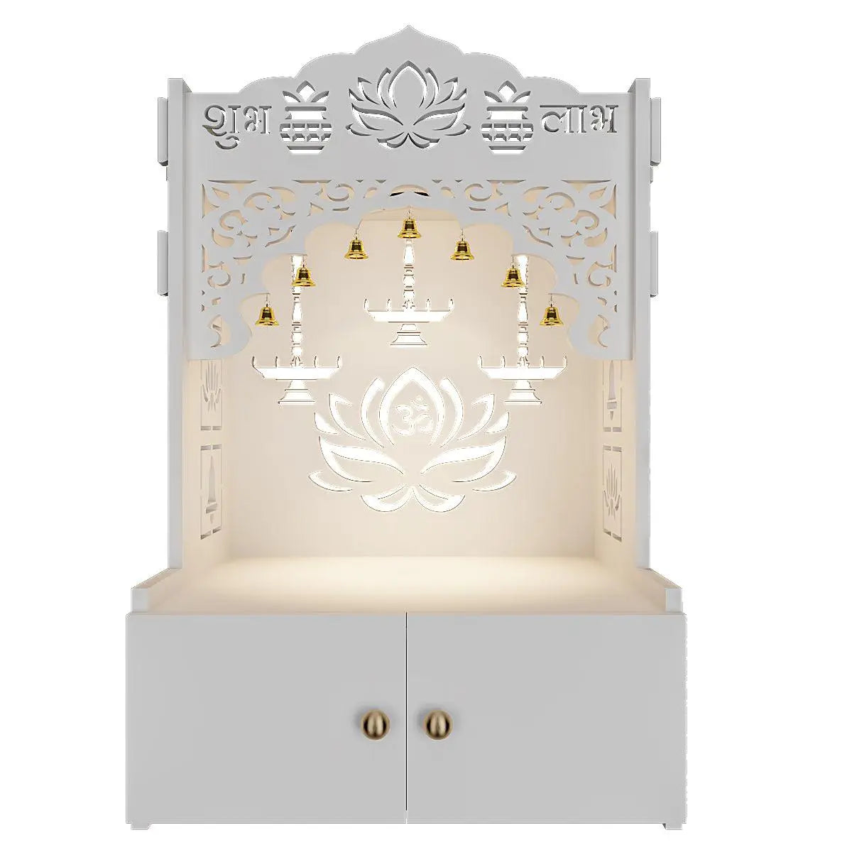 Lotus White Finish Wooden Wall Mounted Temple for Home with Inbuilt Focus Light & Spacious shelf