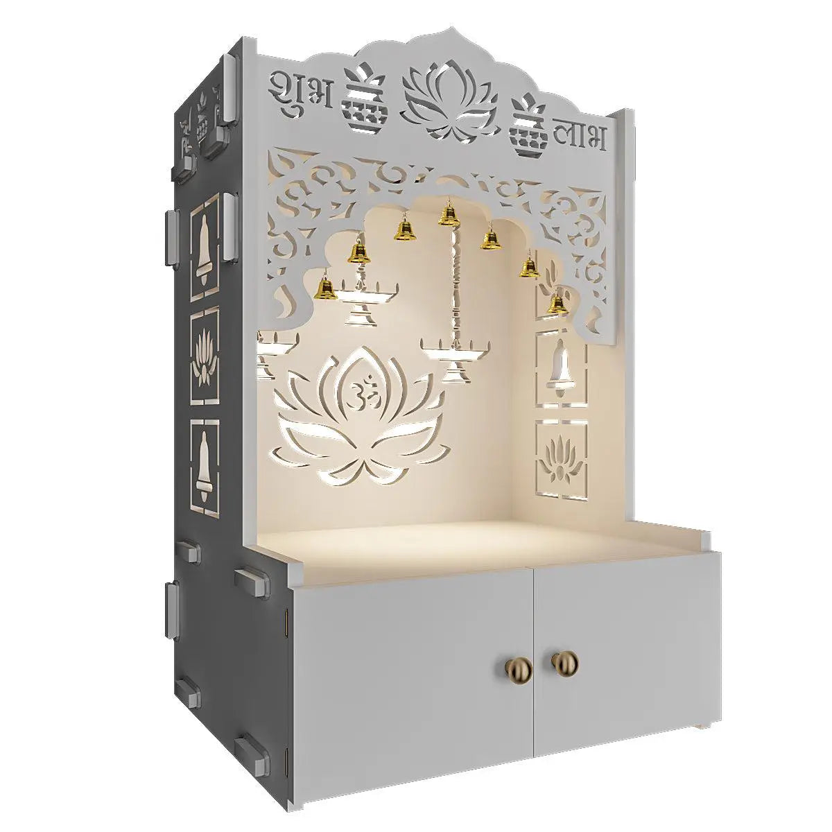 Lotus White Finish Wooden Wall Mounted Temple for Home with Inbuilt Focus Light & Spacious shelf