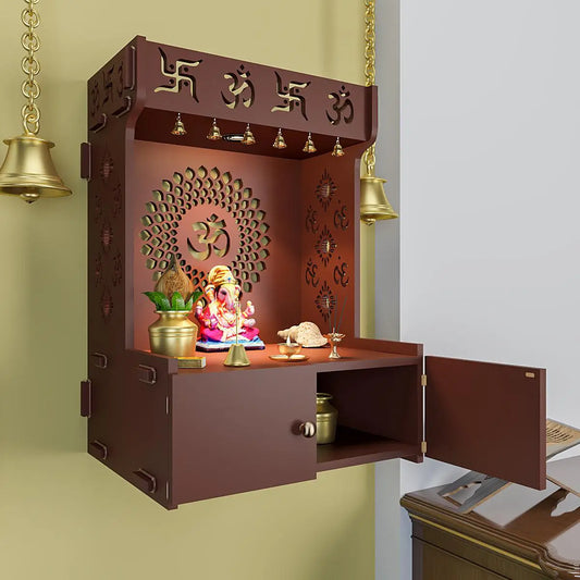 Divine illumination Om Chakra Wall Mounted Wood Temple with Inbuilt Focus Light & Spacious Shelf - Brown Finish