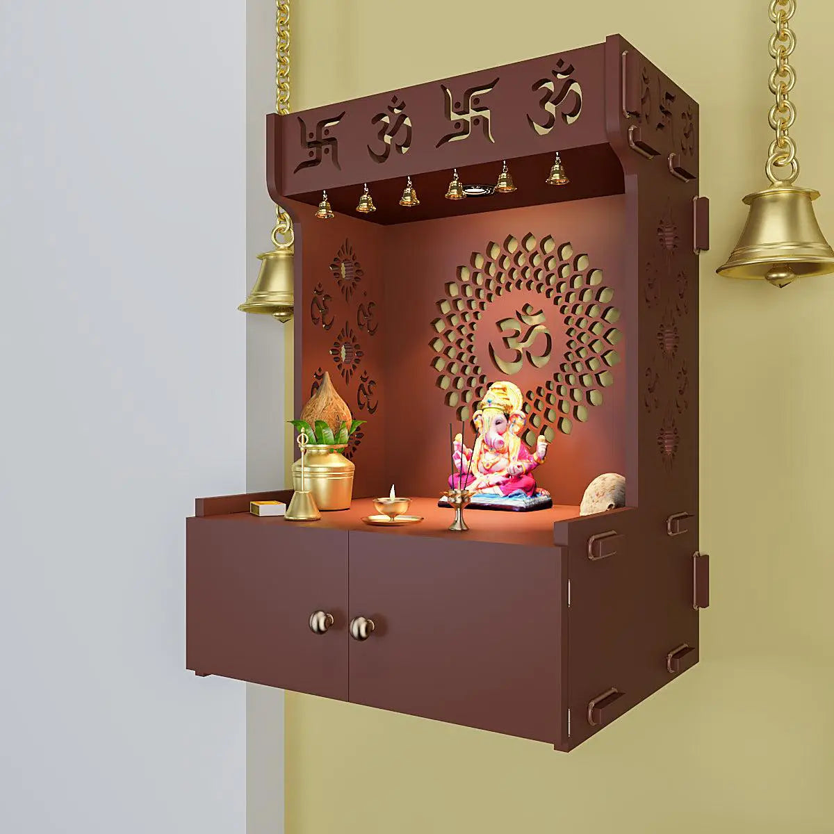 Divine illumination Om Chakra Wall Mounted Wood Temple with Inbuilt Focus Light & Spacious Shelf - Brown Finish