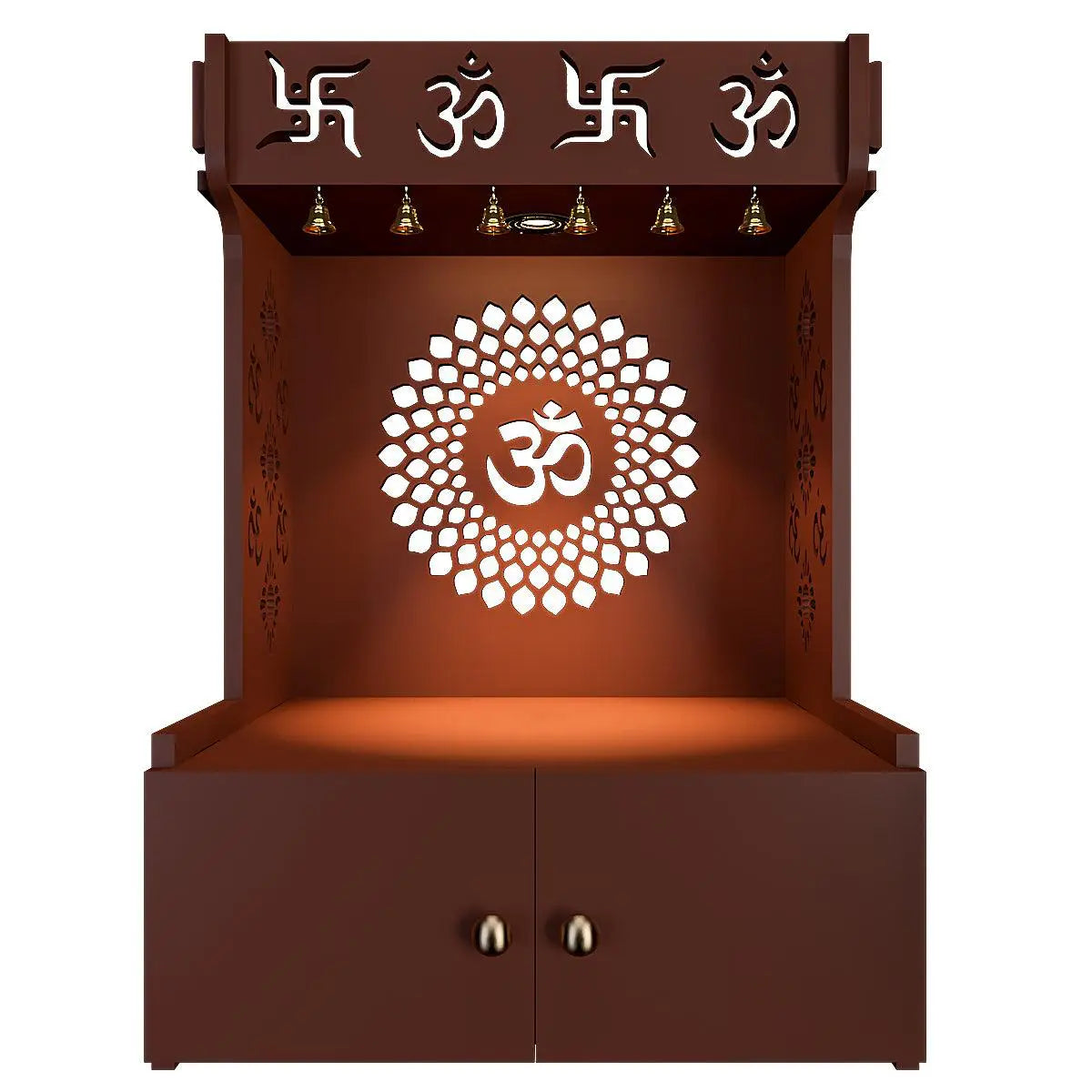 Divine illumination Om Chakra Wall Mounted Wood Temple with Inbuilt Focus Light & Spacious Shelf - Brown Finish