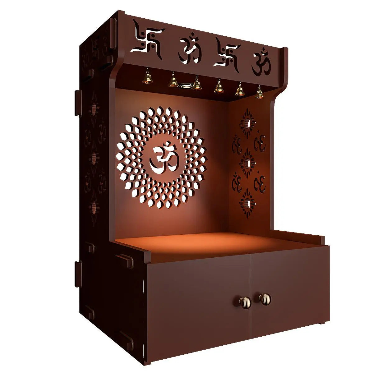 Divine illumination Om Chakra Wall Mounted Wood Temple with Inbuilt Focus Light & Spacious Shelf - Brown Finish