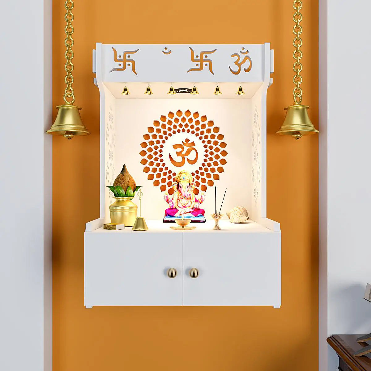Divine Om Chakra Wooden Wall Mounted Temple with Inbuilt Focus Light & Spacious Shelf - White Finish