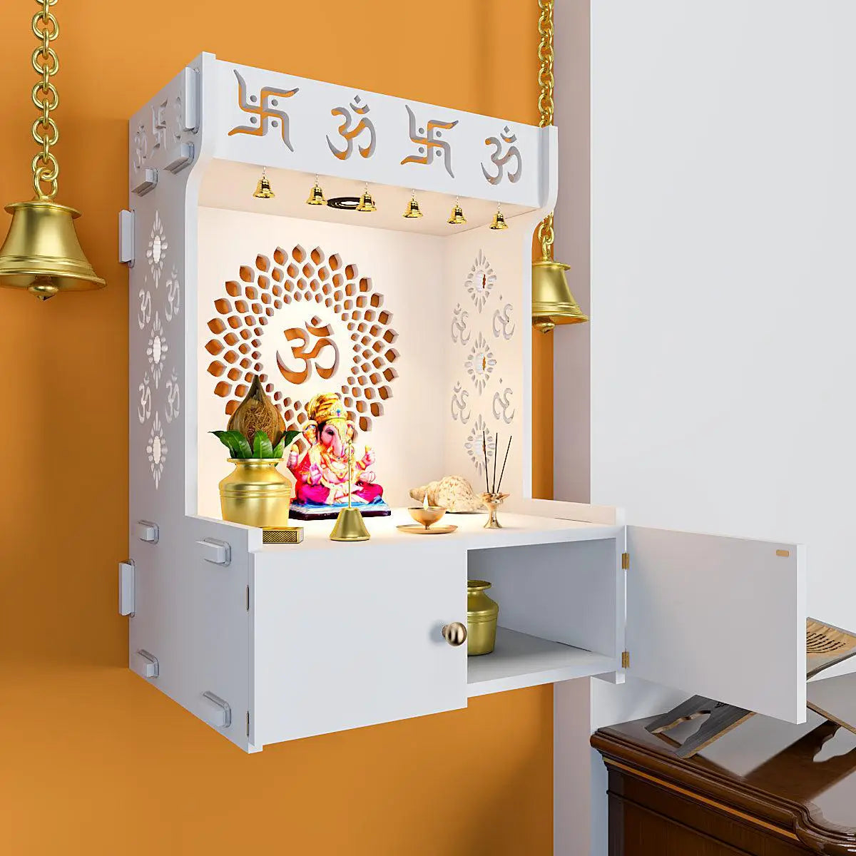Divine Om Chakra Wooden Wall Mounted Temple with Inbuilt Focus Light & Spacious Shelf - White Finish
