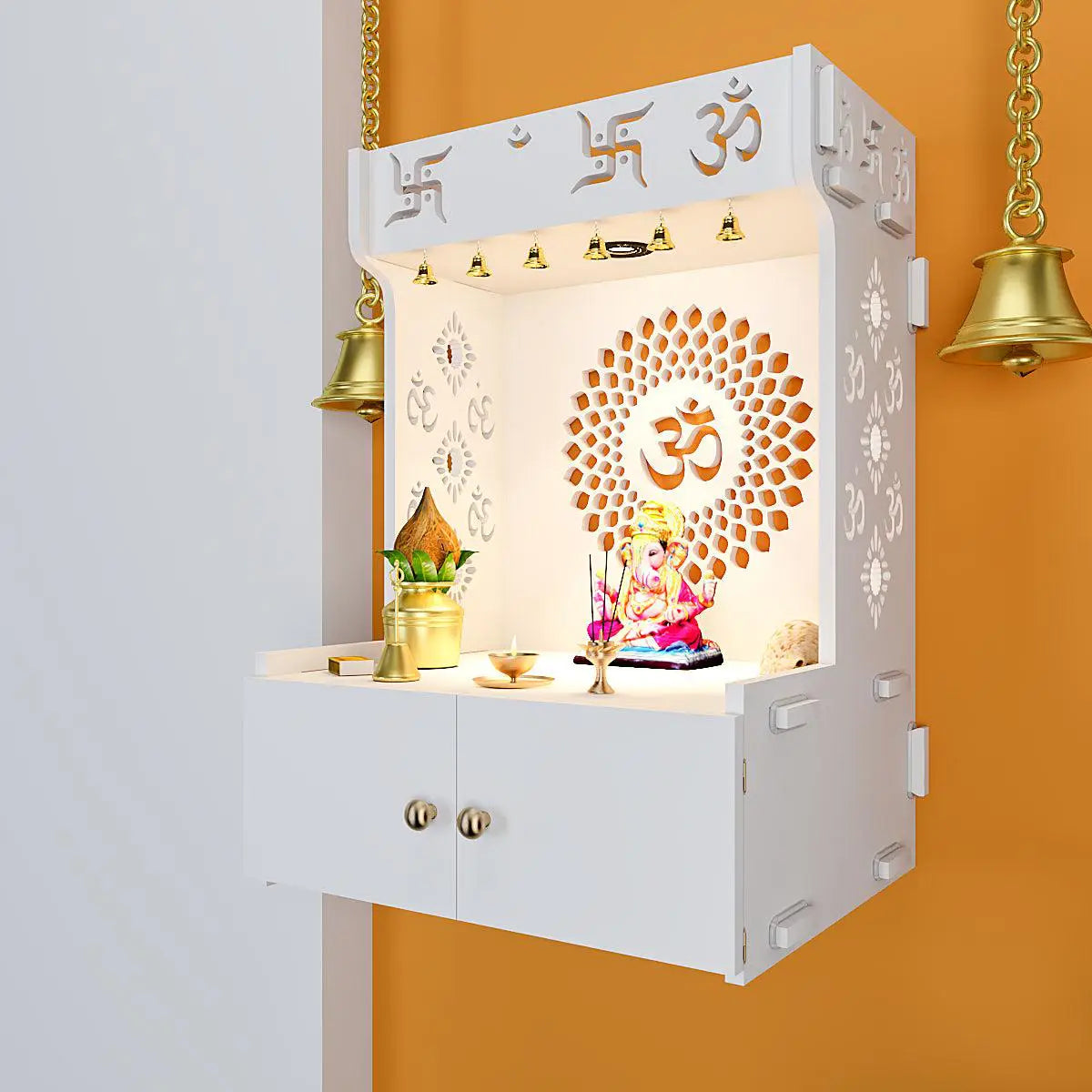 Divine Om Chakra Wooden Wall Mounted Temple with Inbuilt Focus Light & Spacious Shelf - White Finish
