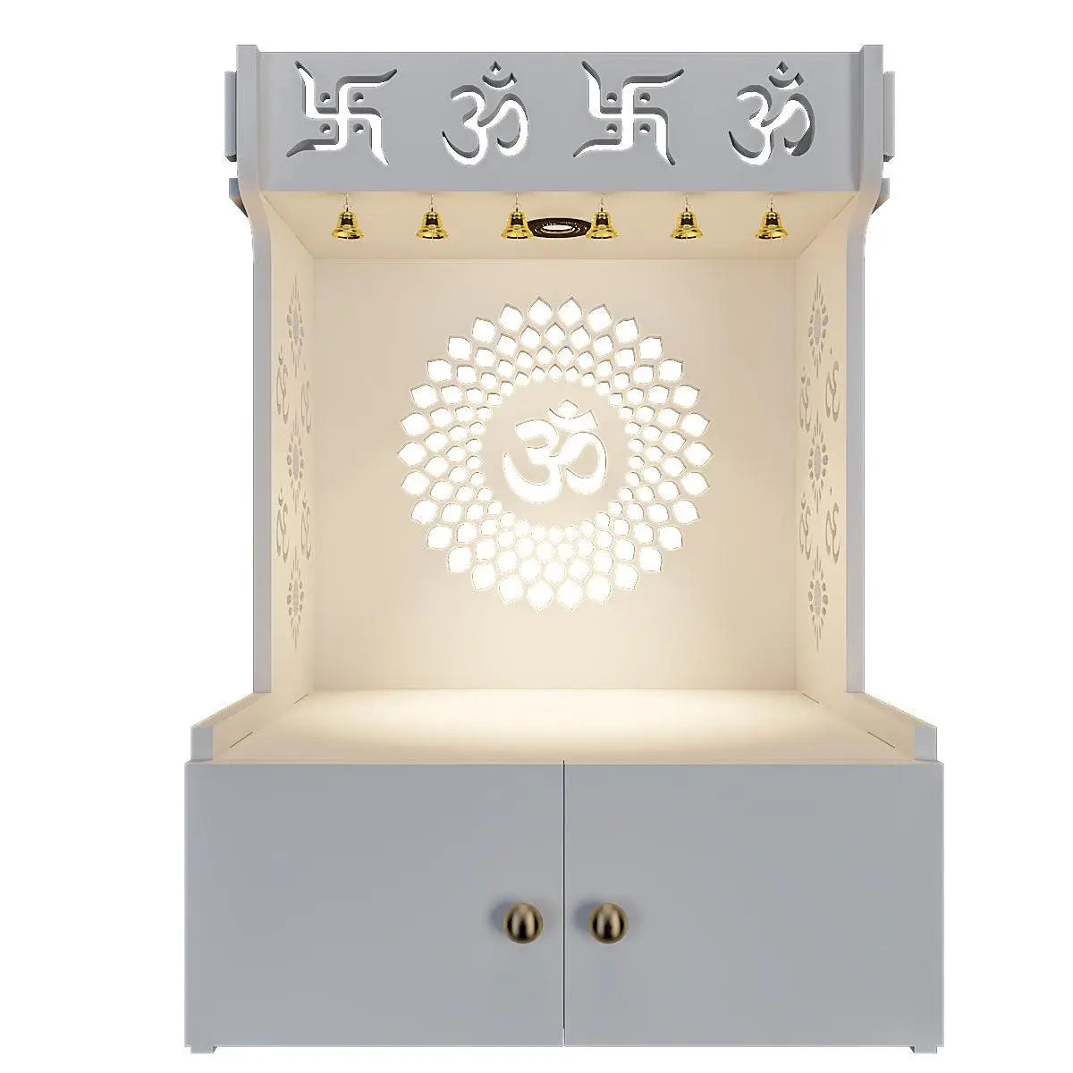 Divine Om Chakra Wooden Wall Mounted Temple with Inbuilt Focus Light & Spacious Shelf - White Finish
