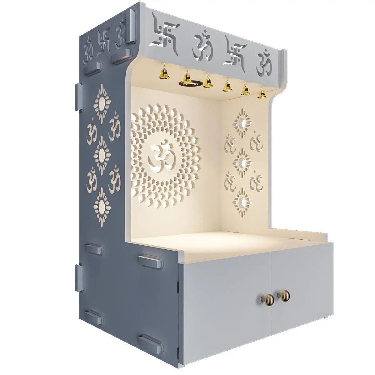 Divine Om Chakra Wooden Wall Mounted Temple with Inbuilt Focus Light & Spacious Shelf - White Finish