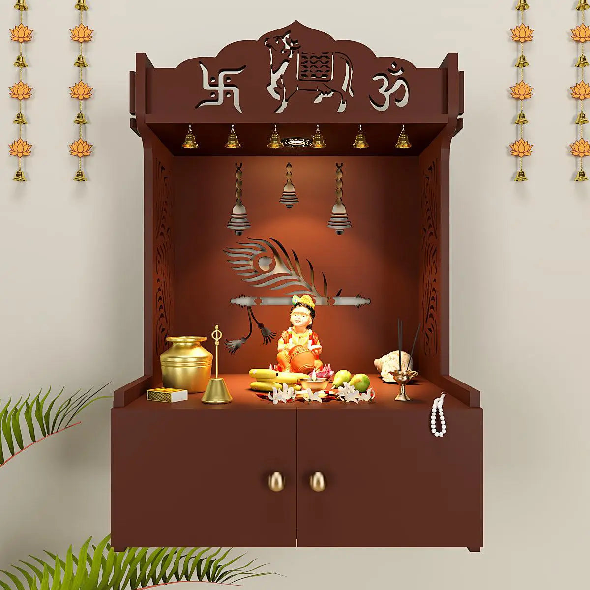 Krishna's Grace Mor Pankh Wall Mounted Wooden Home Temple with Inbuilt focus light & Spacious Shelf - Brown Finish