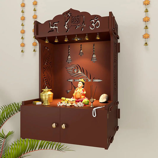 Krishna's Grace Mor Pankh Wall Mounted Wooden Home Temple with Inbuilt focus light & Spacious Shelf - Brown Finish