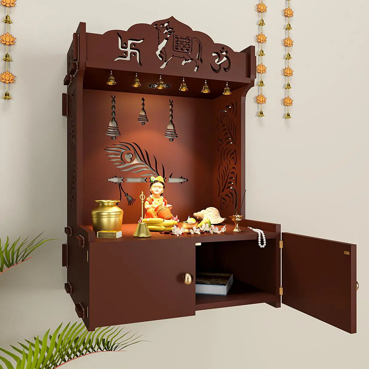 Krishna's Grace Mor Pankh Wall Mounted Wooden Home Temple with Inbuilt focus light & Spacious Shelf - Brown Finish