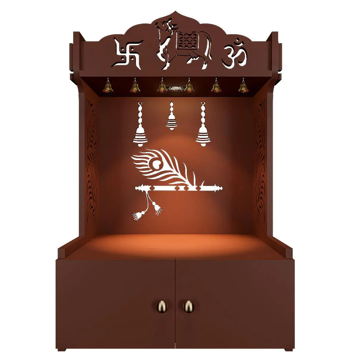 Krishna's Grace Mor Pankh Wall Mounted Wooden Home Temple with Inbuilt focus light & Spacious Shelf - Brown Finish