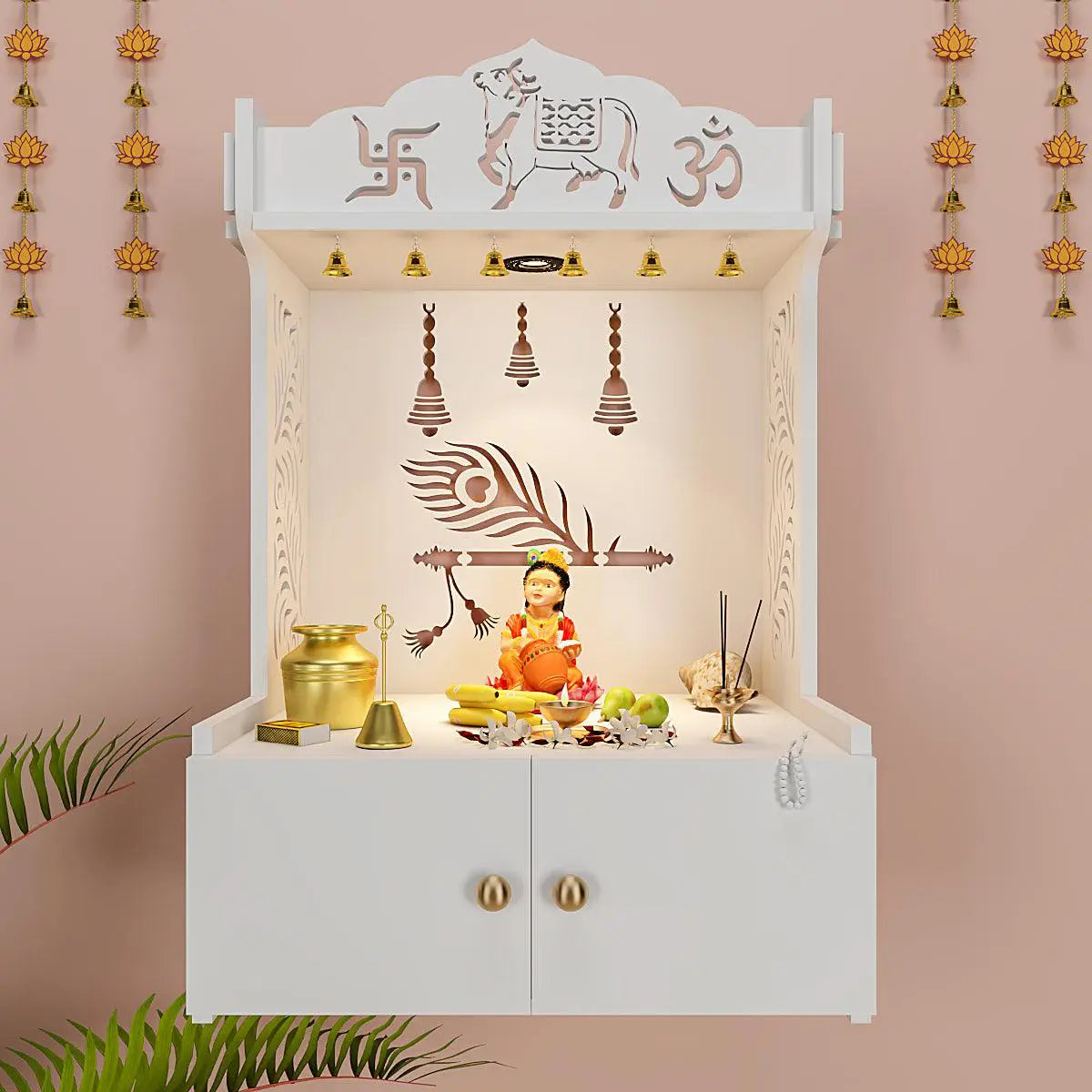 Krishna's Grace Mor Pankh Wooden Wall Mounted Home Temple with Inbuilt Focus Light & Spacious Shelf