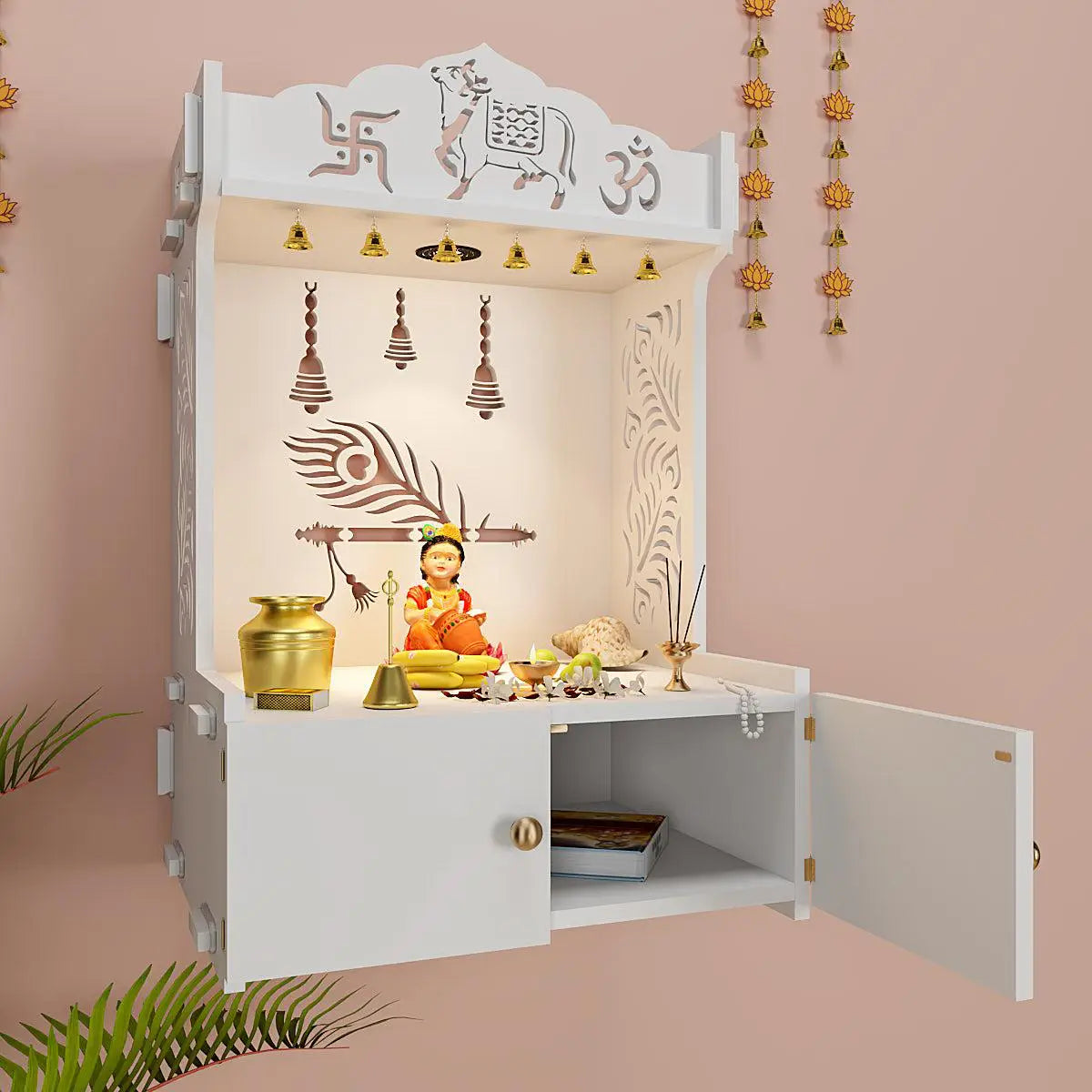 Krishna's Grace Mor Pankh Wooden Wall Mounted Home Temple with Inbuilt Focus Light & Spacious Shelf