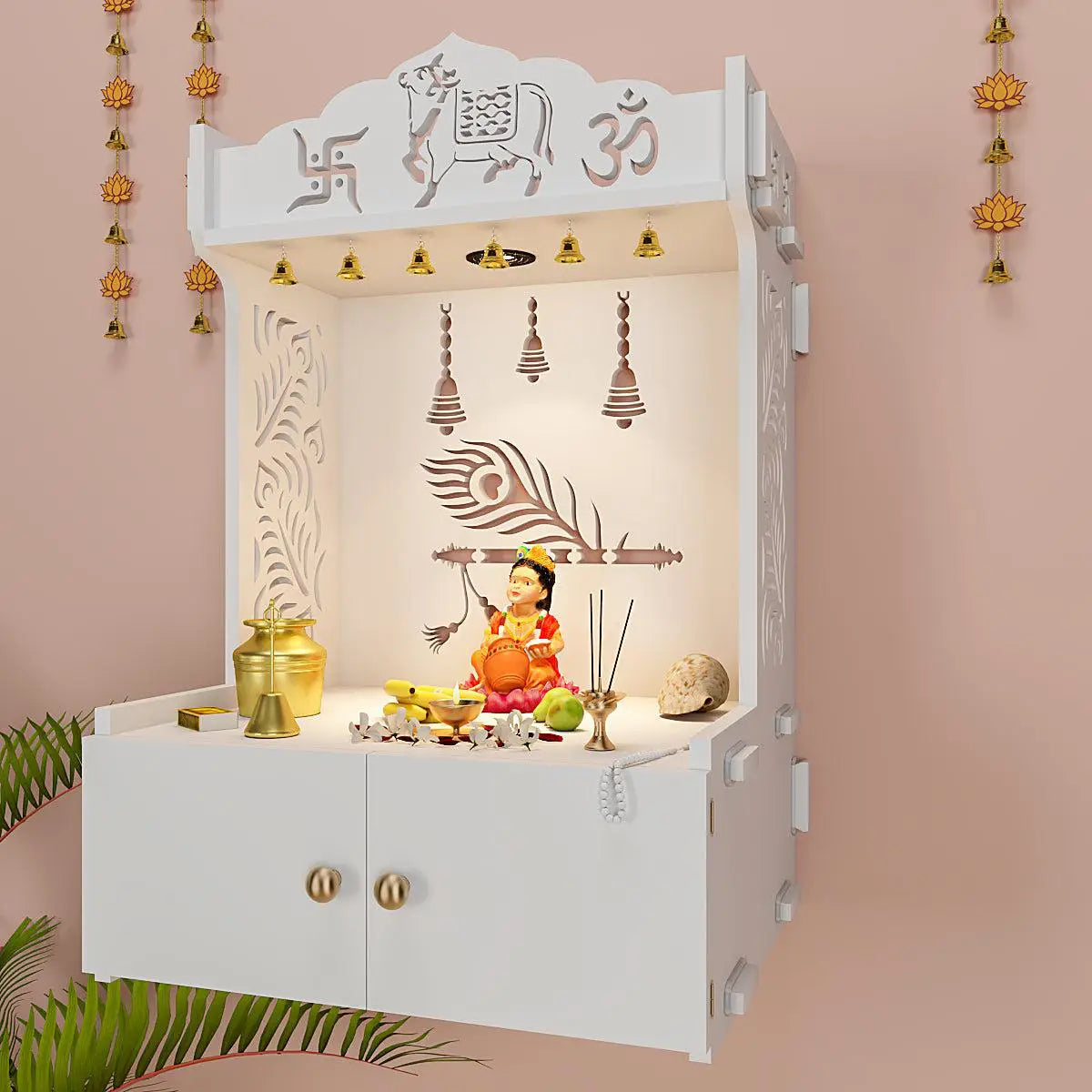 Krishna's Grace Mor Pankh Wooden Wall Mounted Home Temple with Inbuilt Focus Light & Spacious Shelf