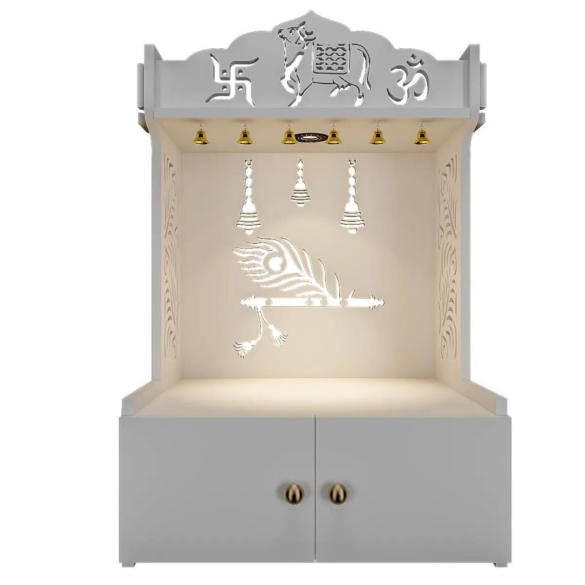 Krishna's Grace Mor Pankh Wooden Wall Mounted Home Temple with Inbuilt Focus Light & Spacious Shelf