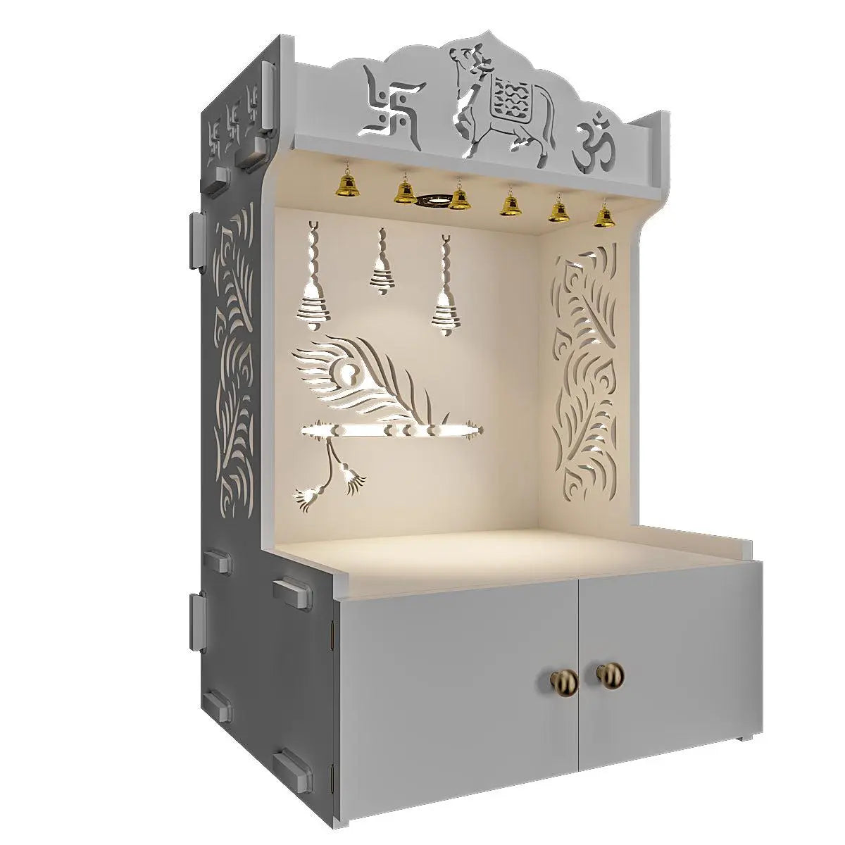 Krishna's Grace Mor Pankh Wooden Wall Mounted Home Temple with Inbuilt Focus Light & Spacious Shelf