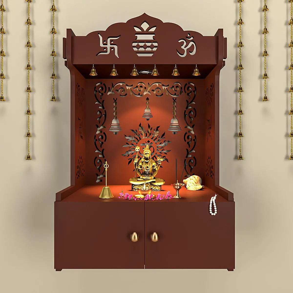 Premium Wall Temple with Inbuilt Focus Light & Spacious Shelf - Brown Finish