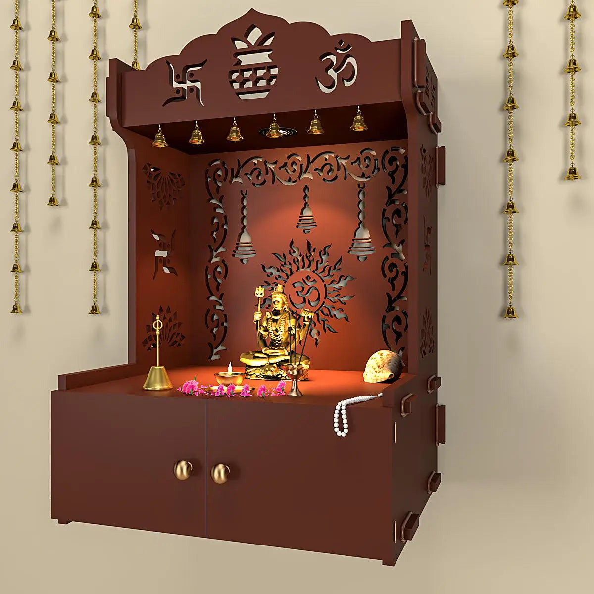 Premium Wall Temple with Inbuilt Focus Light & Spacious Shelf - Brown Finish