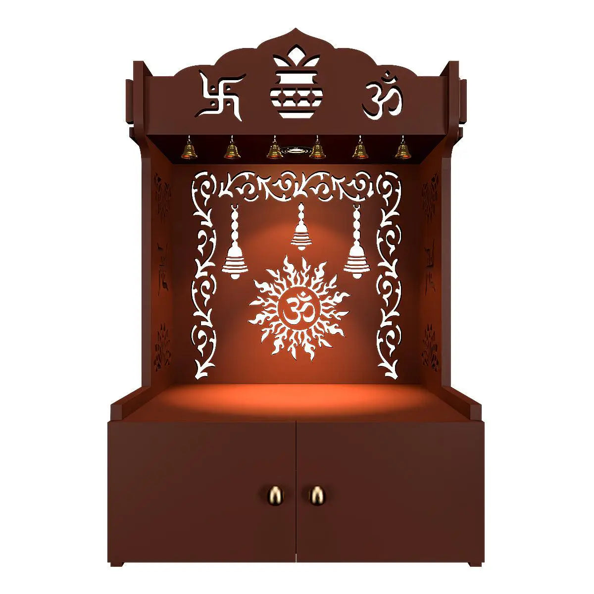 Premium Wall Temple with Inbuilt Focus Light & Spacious Shelf - Brown Finish