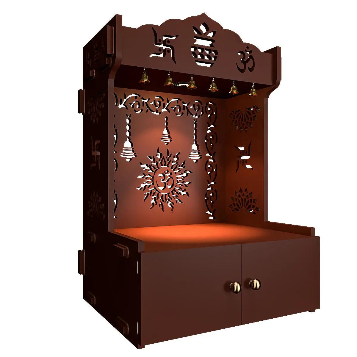 Premium Wall Temple with Inbuilt Focus Light & Spacious Shelf - Brown Finish