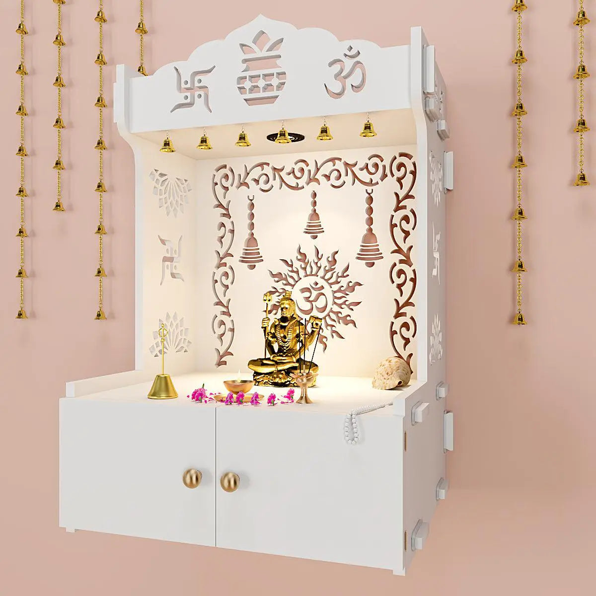 Premium Wall Mounted Wooden Temple with Inbuilt Focus Light & Spacious shelf - White Finish