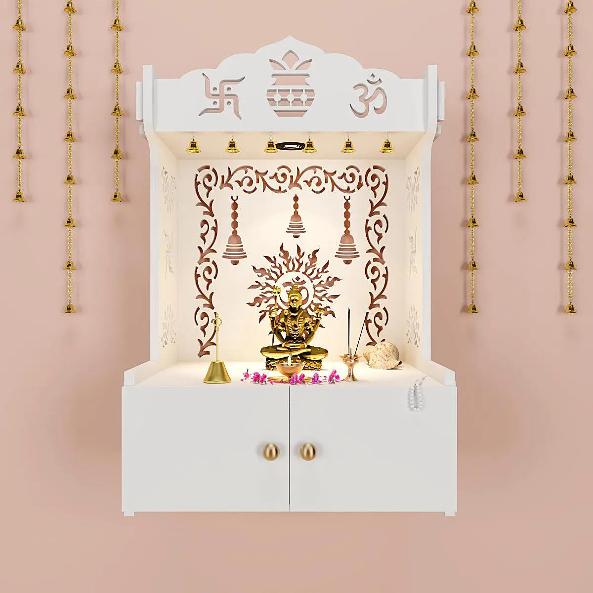 Premium Wall Mounted Wooden Temple with Inbuilt Focus Light & Spacious shelf - White Finish