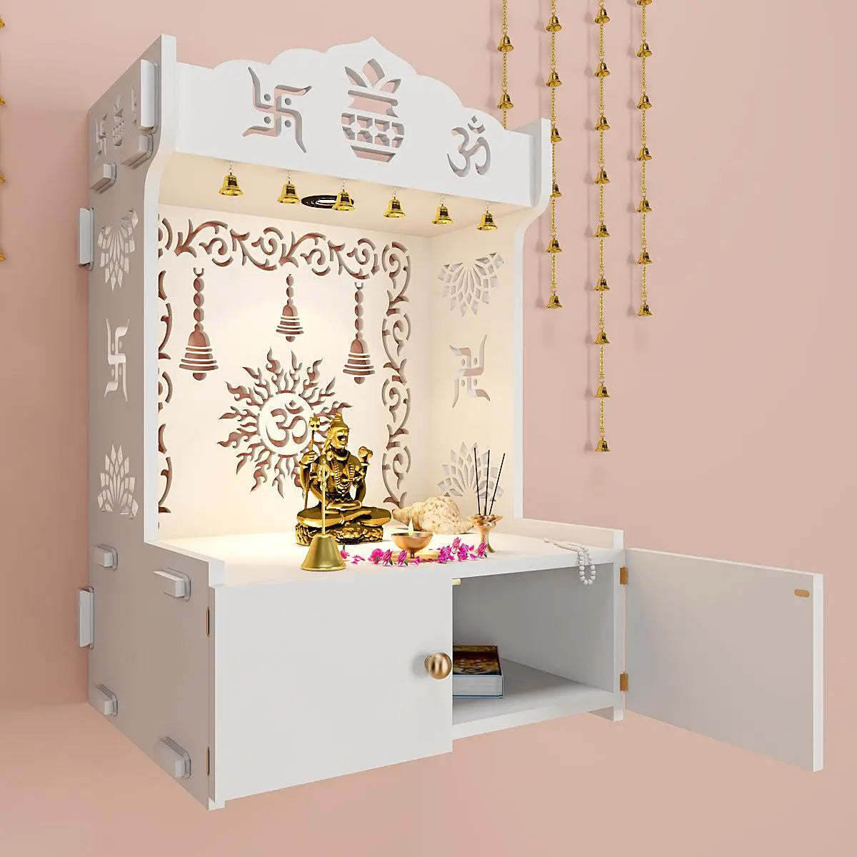 Premium Wall Mounted Wooden Temple with Inbuilt Focus Light & Spacious shelf - White Finish