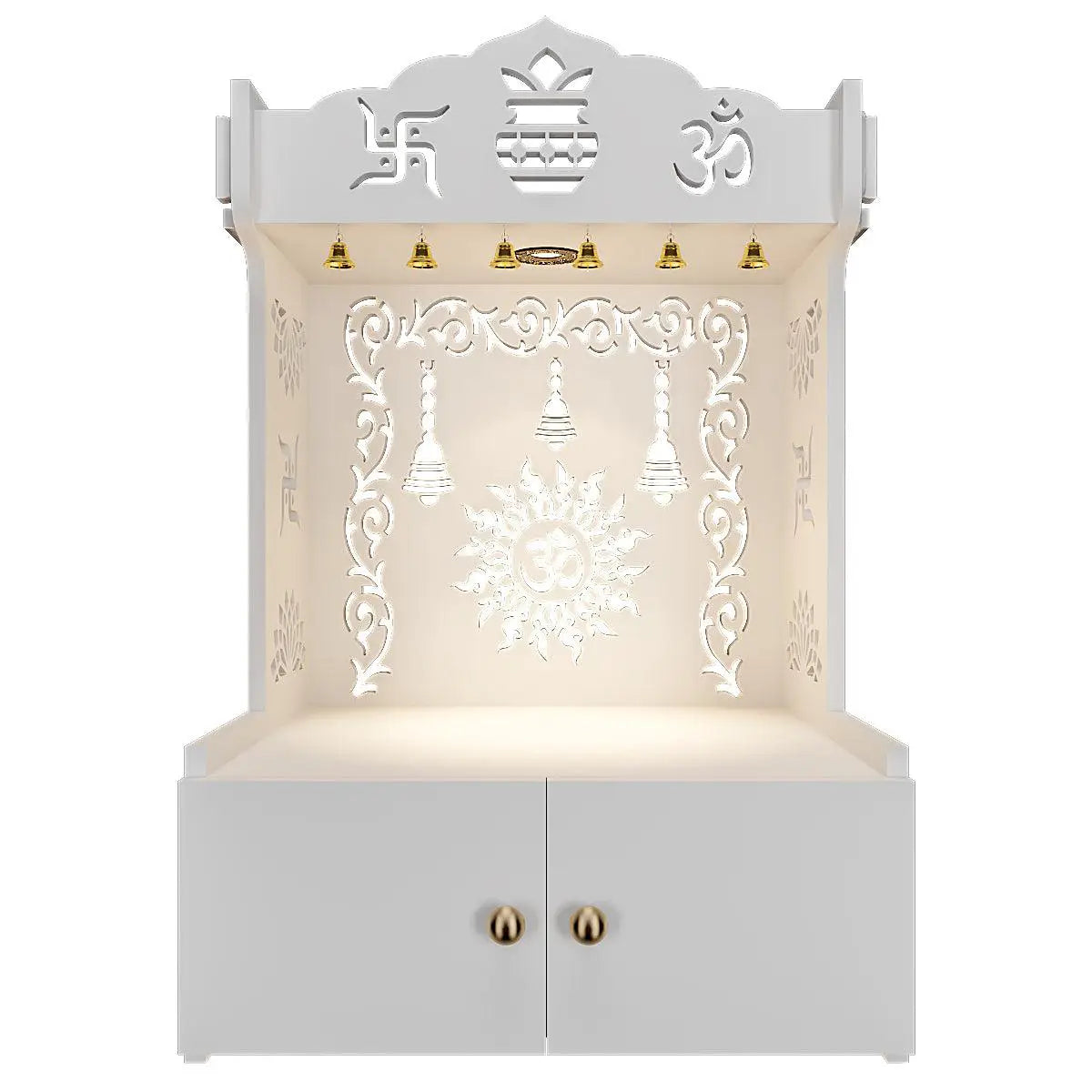 Premium Wall Mounted Wooden Temple with Inbuilt Focus Light & Spacious shelf - White Finish