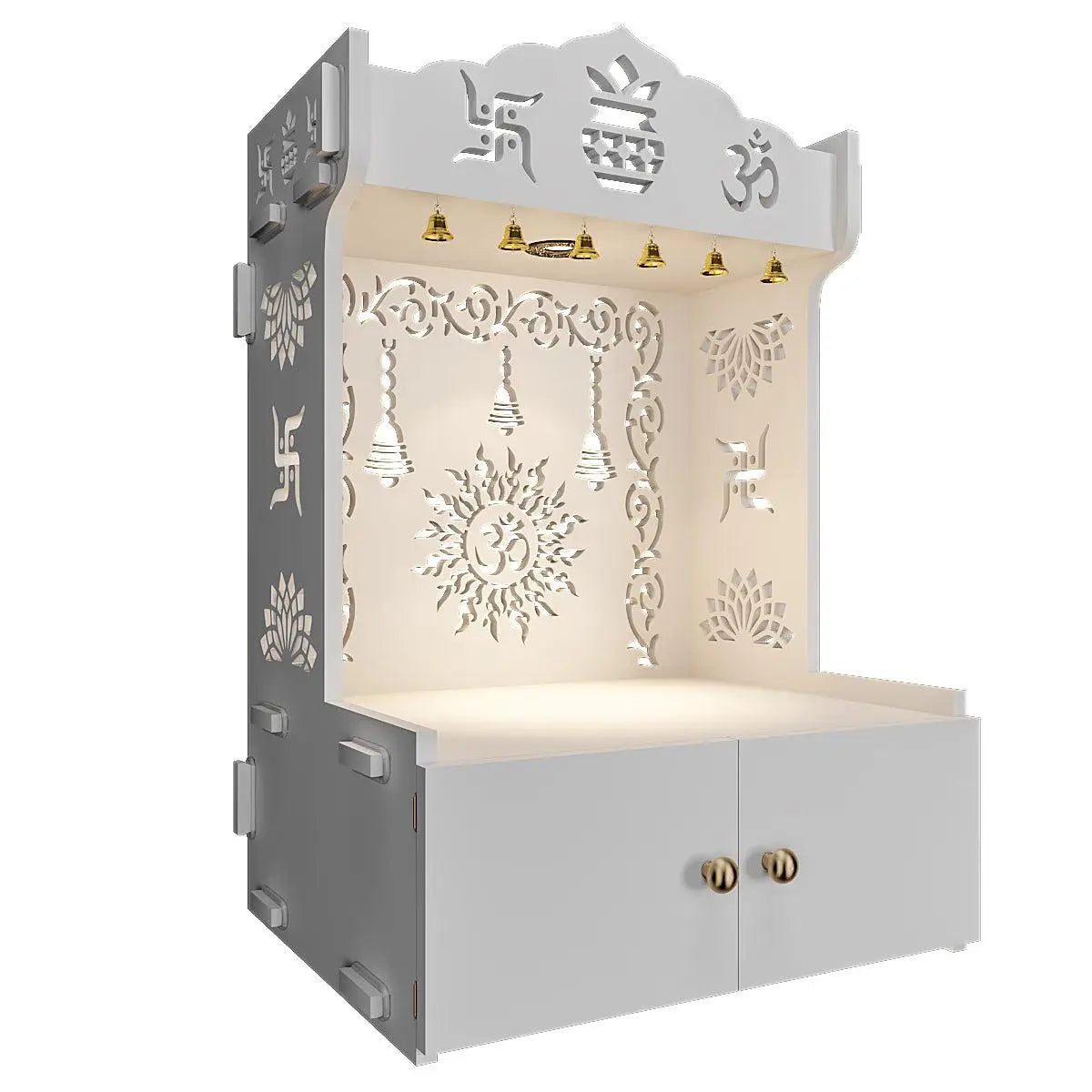 Premium Wall Mounted Wooden Temple with Inbuilt Focus Light & Spacious shelf - White Finish