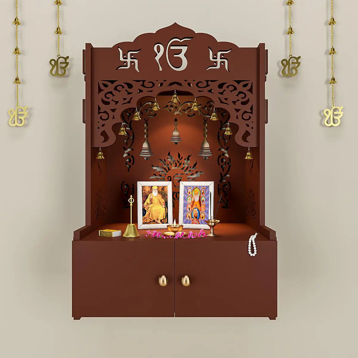 Ek Omkar Serenity Wall Mounted Home Temple with Inbuilt Focus light & Spacious Shelf - Brown Finish