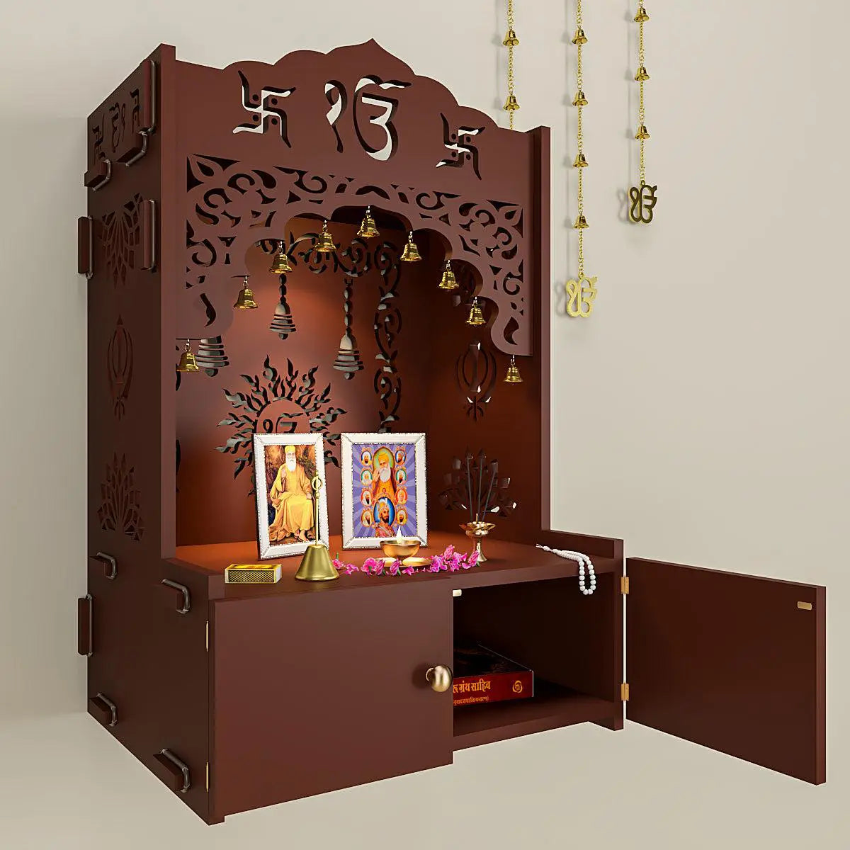 Ek Omkar Serenity Wall Mounted Home Temple with Inbuilt Focus light & Spacious Shelf - Brown Finish