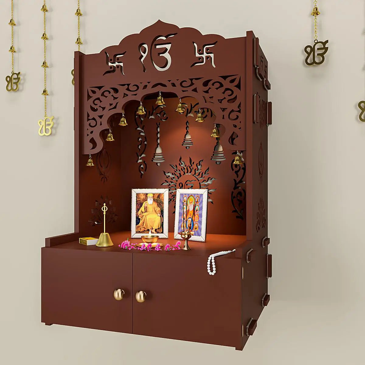 Ek Omkar Serenity Wall Mounted Home Temple with Inbuilt Focus light & Spacious Shelf - Brown Finish