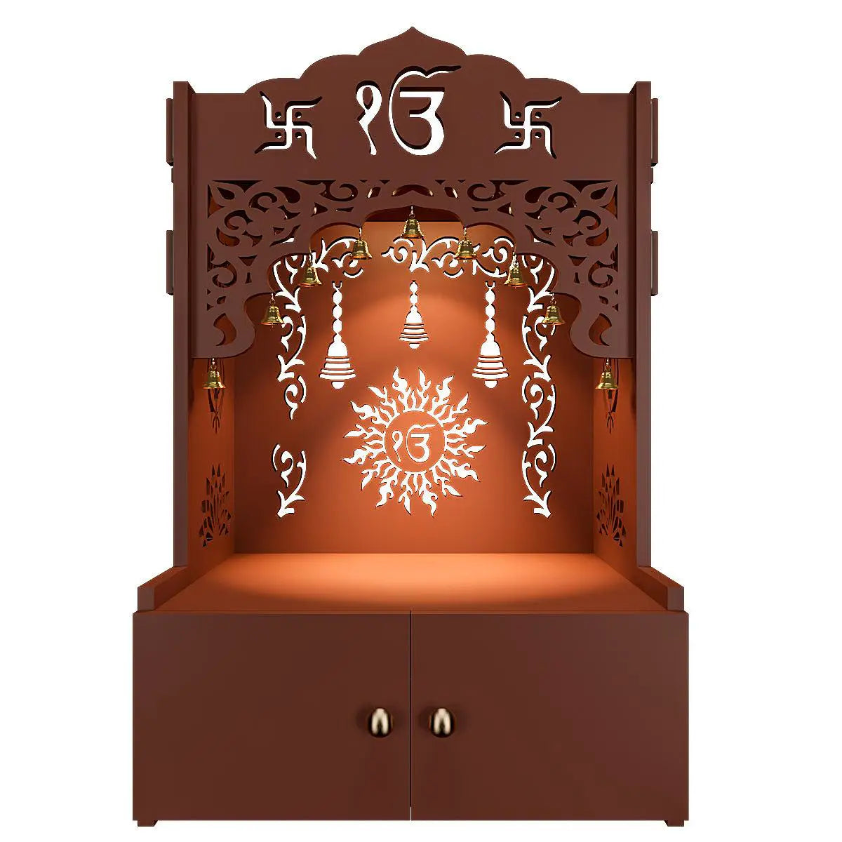 Ek Omkar Serenity Wall Mounted Home Temple with Inbuilt Focus light & Spacious Shelf - Brown Finish