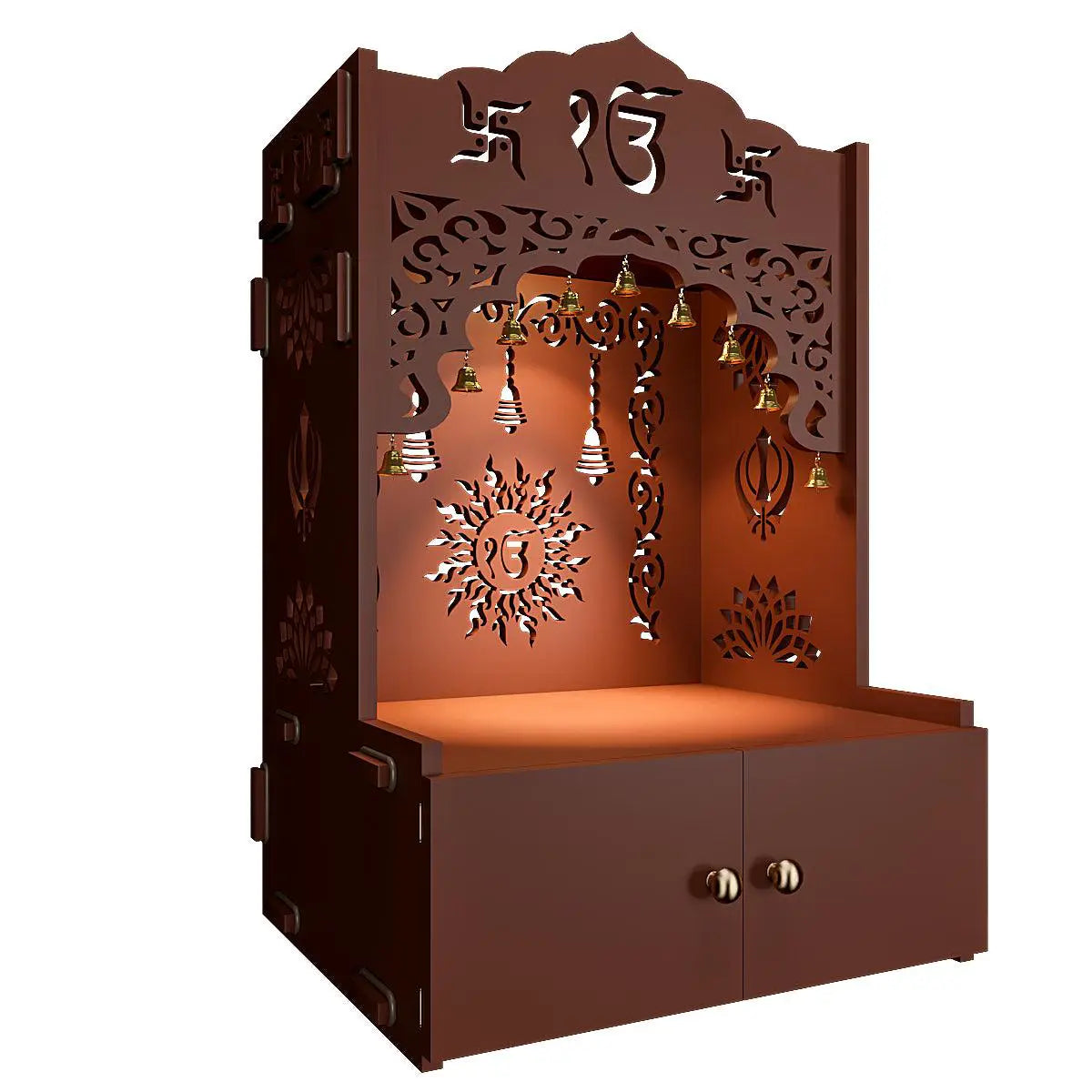Ek Omkar Serenity Wall Mounted Home Temple with Inbuilt Focus light & Spacious Shelf - Brown Finish