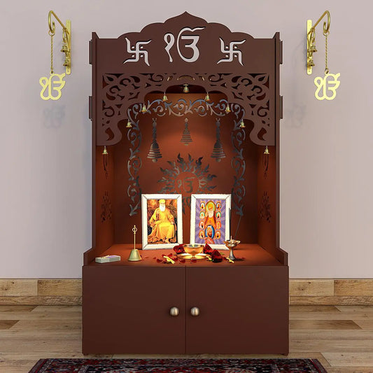 Ek Omkar Serenity Home Temple With Inbuilt Focus Light & Spacious Shelf - Brown Finish