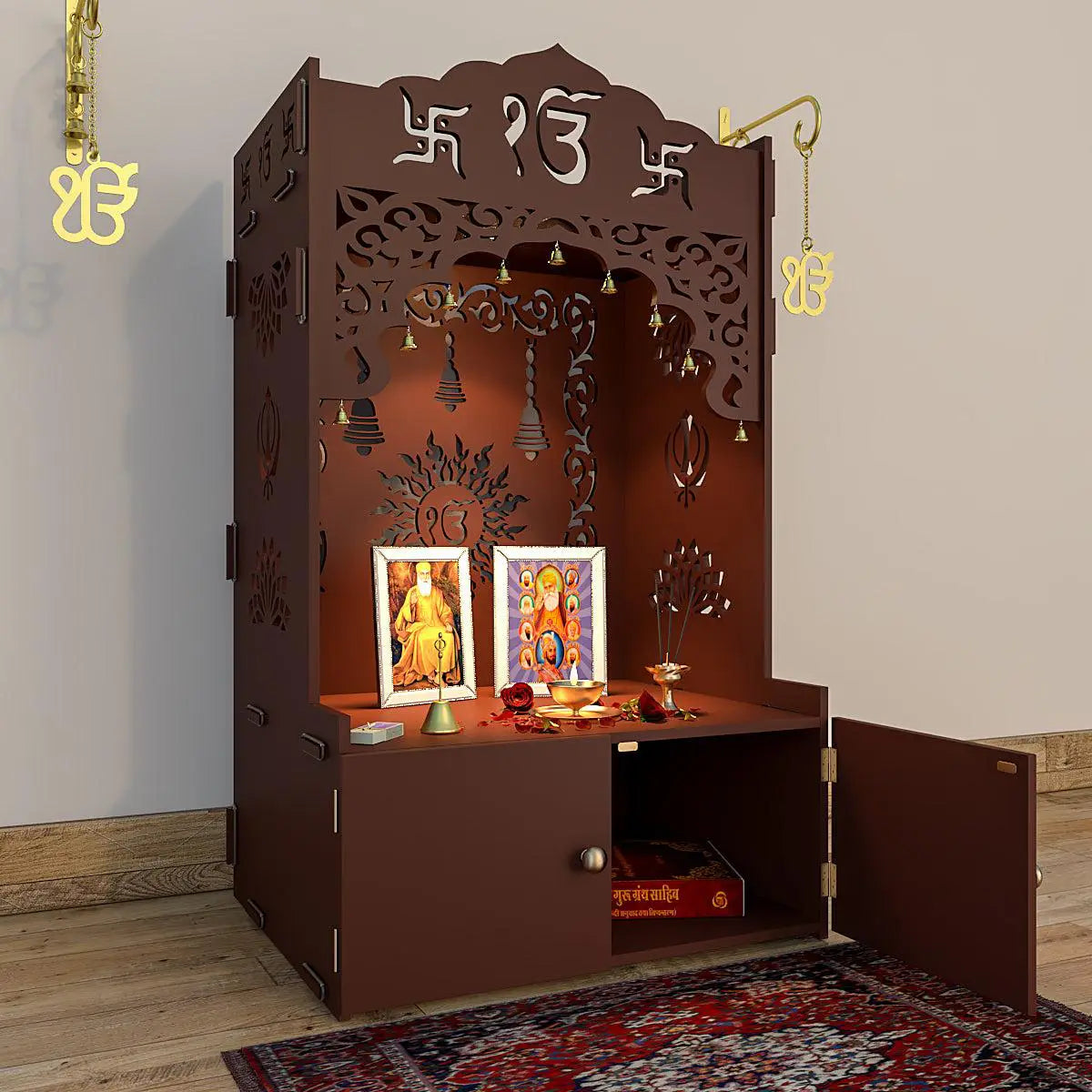Ek Omkar Serenity Home Temple With Inbuilt Focus Light & Spacious Shelf - Brown Finish
