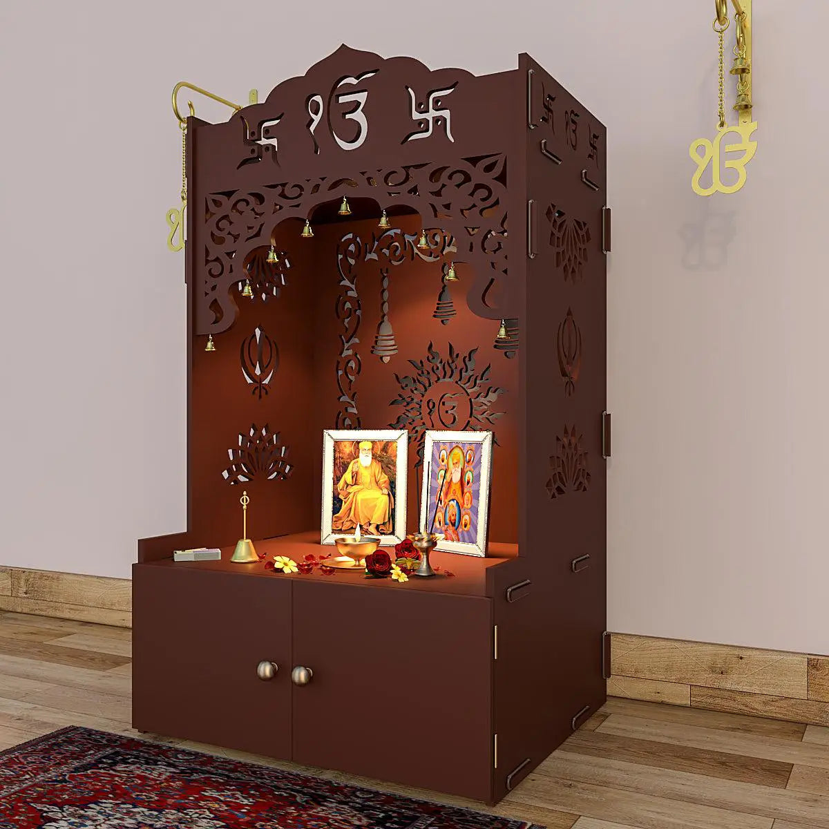 Ek Omkar Serenity Home Temple With Inbuilt Focus Light & Spacious Shelf - Brown Finish